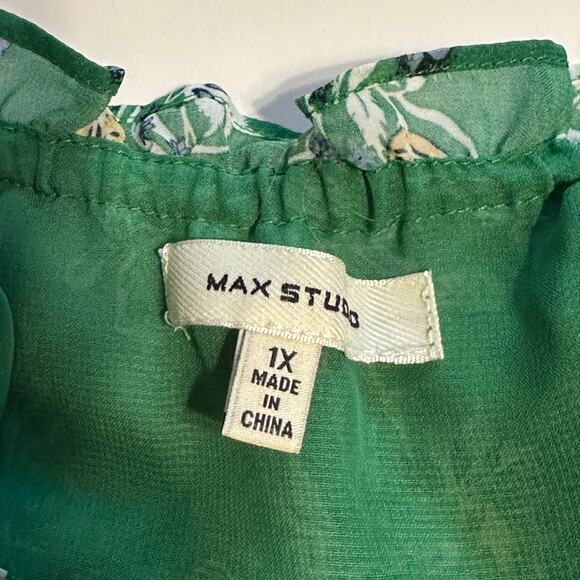 Max Studio Green Floral Top Womens Size 1X Ruffled Keyhole Career Casual Top - Picture 6 of 9